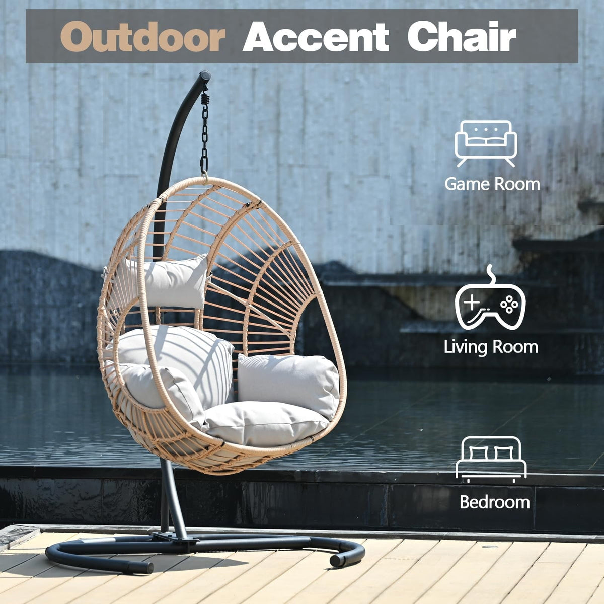 TQKVIPI Oversized Hanging Egg Chair Outdoor Indoor, Wicker Swing Egg Chair with Stand Rain Cover UV Resistant Cushion 400lbs Capacity for Bedroom, Patio, Garden and Balcony (Beige-Regular)