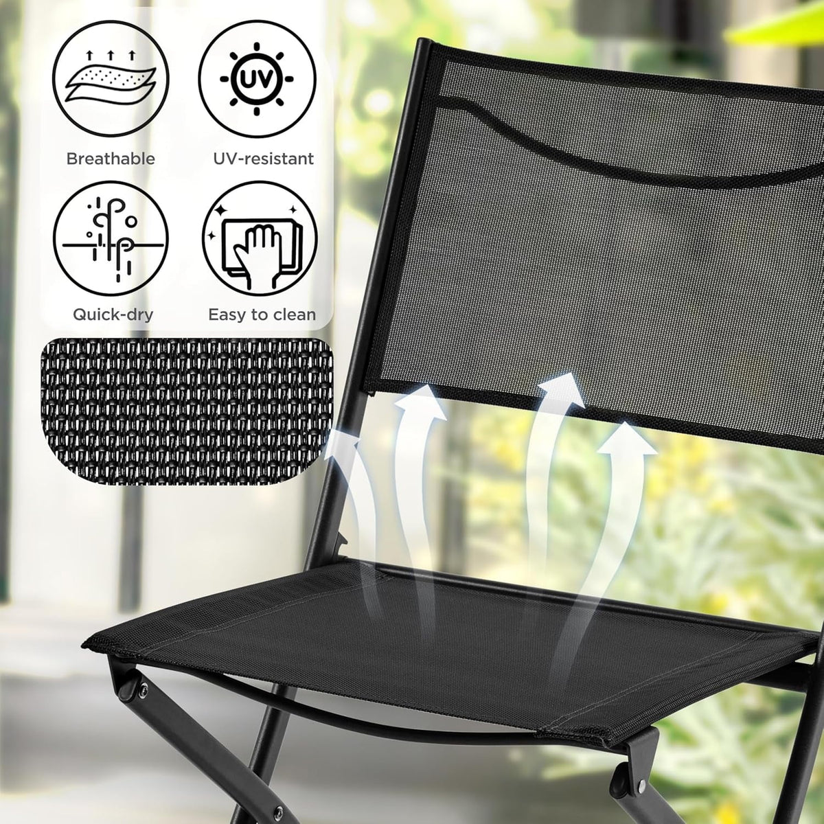 VibrantEcho Patio Portable Dining Chairs Set of 4 with Metal Frame, Outdoor Metal Folding Chairs with Backrests for Camping, Lawn, Yard, Beach, Black