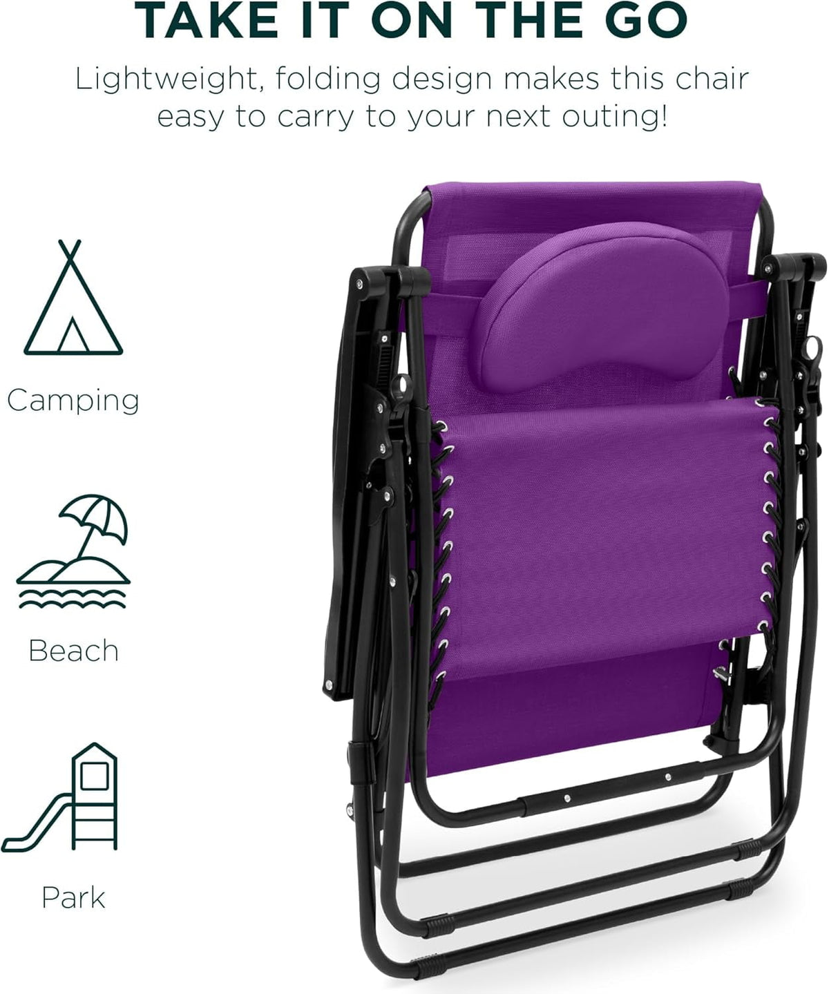 ZDOOR Oversized Zero Gravity Chair, Folding Outdoor Patio Lounge Recliner w/Cup Holder Accessory Tray, Pillow - Amethyst Purple