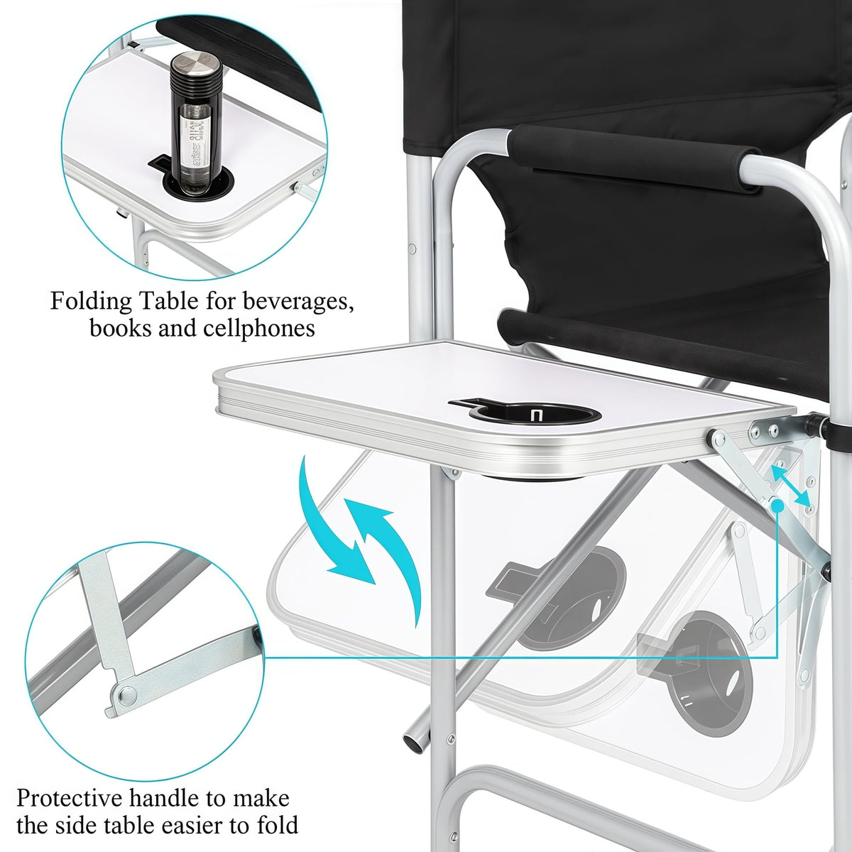 Gundir Tall Director Chair, Adult, Folding Camping Chair with Side Table, Cup Holder and Storage Bags