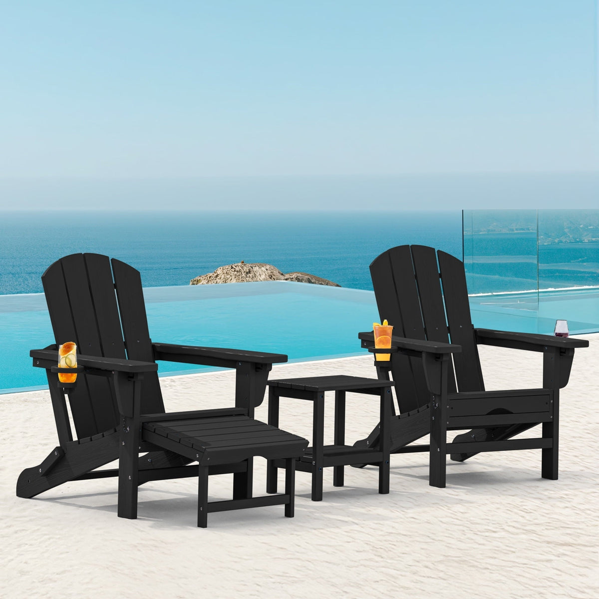 SERWALL Adjustable Folding Adirondack Chair with Footrest & Dual Cup Holders, HDPE Foldable Multifunctional Adirondack Chair with Ottoman for Patio, Outdoor, Garden, Black