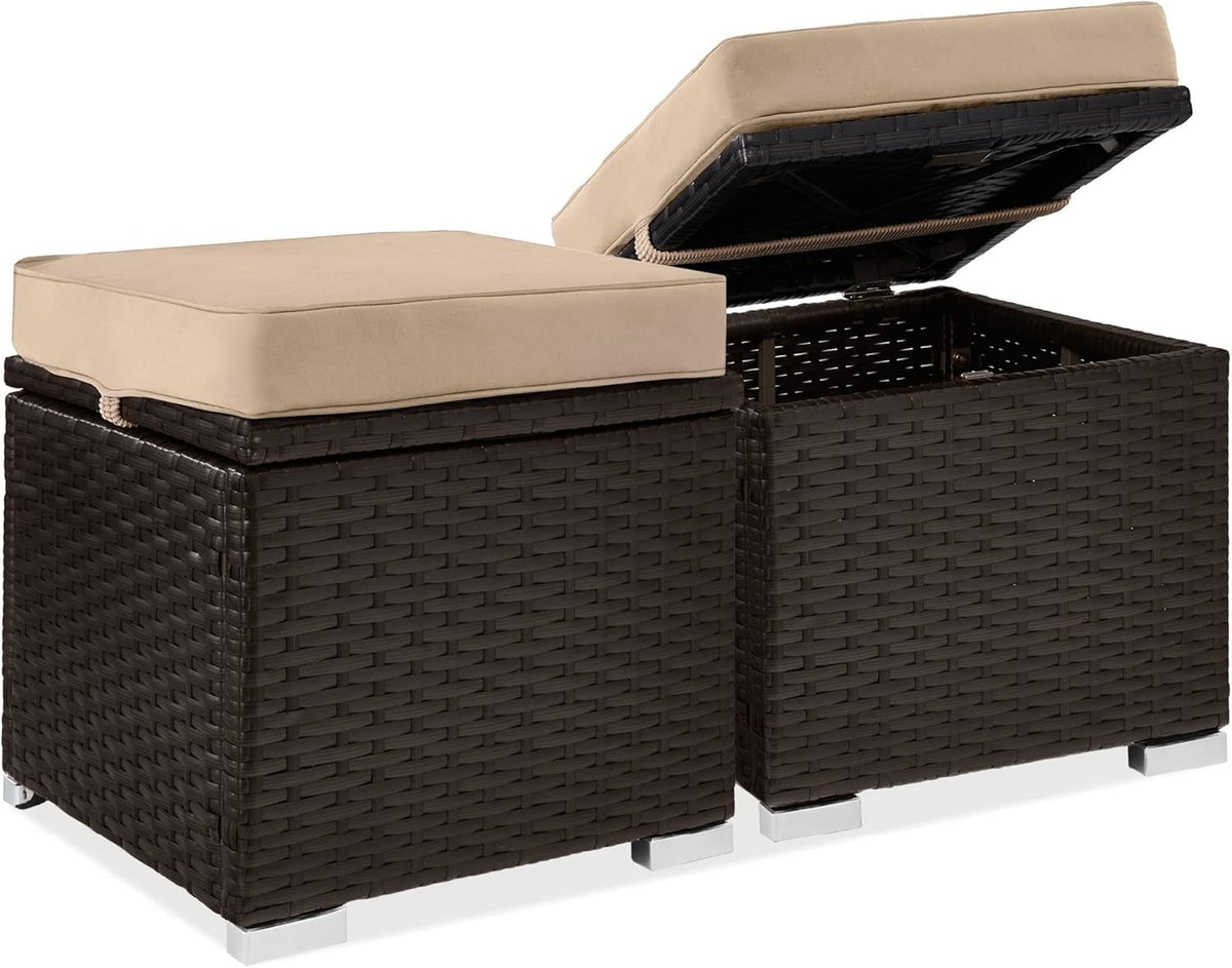 SUPQ Set of 2 Wicker Ottomans, Multipurpose Outdoor Furniture for Patio, Backyard, Additional Seating, Footrest, Side Table w/Storage, Removable Cushions - Black/Black