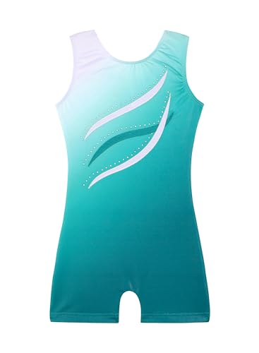 HOZIY Gymnastics Leotards for Girls with Shorts 5t Size 5-6 Years Biketard Aqua Blue White Ombre Ribbons Diamond Rhinestones Sparkly