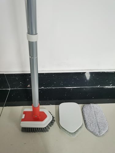 JEHONN Shower Cleaning Brush, Tub Tile Scrubber with Telescopic 51 inches Long Handle, 4 Scrub Heads for Bathroom Bathtub Floor Baseboard Sink Toilet