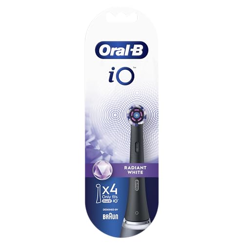 Oral-B iO Radiant White Electric Toothbrush Head, Angled Bristles Deeper Plaque Removal, with Polishing Petals for Teeth Whitening, Pack of 4 Toothbrush Heads, Black