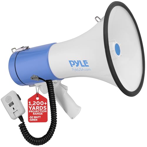 PYLE Portable Megaphone Speaker PA Bullhorn - Built-in Siren, 50W Adjustable Volume Control in 1200 Yard Range, Ideal for Any Outdoor Sports, Cheerleading Fans & Coaches, or for Safety Drills