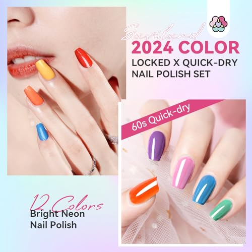 SAVILAND Finger Nail Polish Set for Beginner: 12 Neon Colors Air Quick Dry Nail Polish Summer Glitter Nail Polish Kit Regular Fingernail Polish Non Gel with Base-Top Polish for Toe Manicure Nail Art
