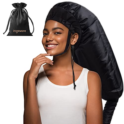 Ingeware Bonnet Hair Dryer Attachment for Women: Extra Large Adjustable Deep Conditioning Cap Drying Heat Cap for Natural Curly Hair, Home Use (Black)