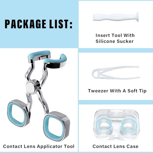 Contact Lens Applicator Tool, Eye Opener for Contacts for Easy Insertion and Removal, with Contact Lens Case, Sucker+Tweezer with Soft Tip, Blue