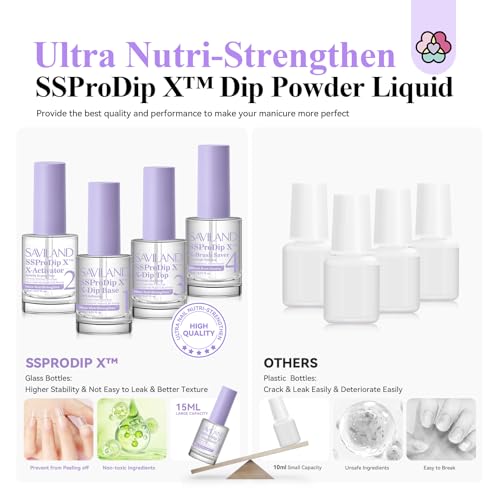 SAVILAND Dip Powder Liquid Set: 15 ml/0.5 Fl.oz Nail Dipping System Essentials for Beginners - Dip Base, Top, Activator, Brush Saver - Strengthen Nails DIY at Home, No Nail Lamp Needed