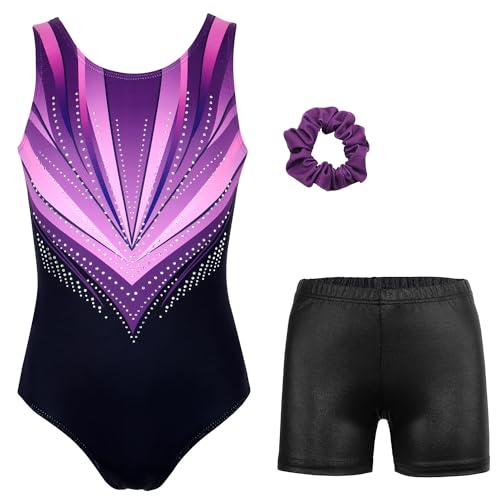 MODAFANS Gymnastics Leotards for Girls with Shorts Ballet Dance Set Activewear Purple-black Diamond,4-5Years
