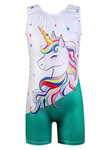 Girls Leotards for Gymnastics 9 10 Kids Girl Child Dance Biketard Sleeveless Green Unicorn Gymnastic Leotard (Green Unicorn, 9-10 Years)