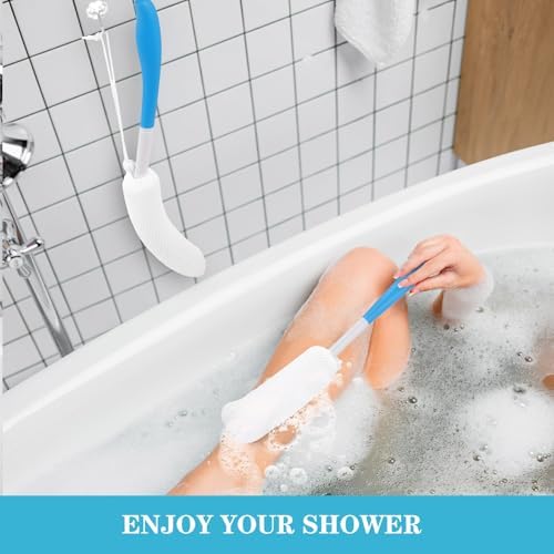 Sunnyray 2 Pack 15.35 Inch Long Anti-Slip Curve Handled Bath Body Brush, Body Back Bath Brush with Sponge Soft Blue Rubbing Back Shower Brush for Elderly Aid Bathing and Shower