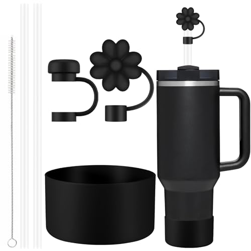 6 Pcs Accessories for Stanley Cup 20-40oz,2 Straw Covers,2 Replacement Straws,1 Straw Brush,1 Boot Included, SIlicone Straw Cover Caps Topper (Black)