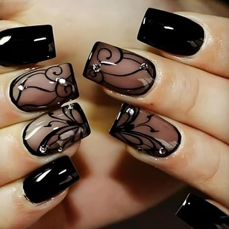 Curvlife Press on Nails Acrylic Fake Nails with Design Full Cover False Nails for Women Reusable Nail Kit with Nail Glue Adhesive Tabs Nail File (Black texture, 30pcs)