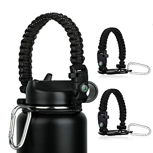 Paracord Handle - Fits Wide Mouth Bottles 12oz to 64oz - Durable Carrier, Paracord Carrier Strap Cord with Safety Ring,Compass and Carabiner - Ideal Water Bottle Handle Strap (Sunrise)