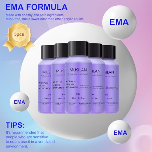 Monomer Acrylic Nail Liquid 5PCS 40ml/1.3fl.oz,Professional Acrylic Liquid Monomer for Acrylic Nails Powder Nails Extension for Nail Art Manicure DIY,Non-Yellowing Monomer-acrylic nail liquid