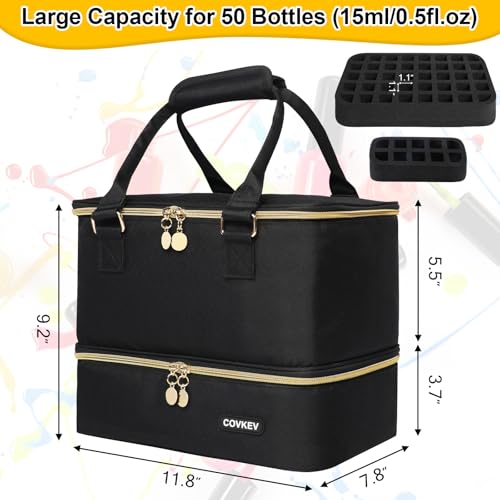 Nail Polish Organizer Hold 50 Bottles (15ml/0.5 fl.oz)& Nail Lamp, Double Layer Nail Bag Organizer Case with Handle, Large Nail Supplies& Kit Storage Case for Women Travel (Black& Golden)