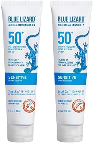 BLUE LIZARD Sensitive Mineral Sunscreen with Zinc Oxide 50+ Water Resistant UVAUVB Protection with Smart Cap Technology Fragrance Free, Sensitve, SPF 50 - - Tube, Unscented, 5 Fl Oz (Pack of 2)