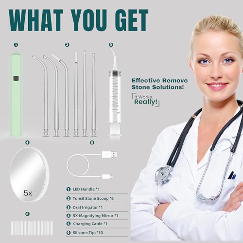 2025 Best Tonsil Stone Remover 6pcs Extended LED Light Guiding Scoop Curved Tonsil Stone Removal Kit Remove Tonsil Stone Water Flosser Oral Irrigator Tool Rinse Syringe Cleaner Fresh Breath Soft