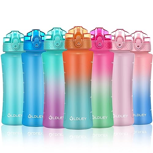 OLDLEY Kids Water Bottle with Straw 15 oz Motivational Water Bottles with Time Marker for School Travel, Spill Proof Sports Water Bottle for Girls Boys,1 Straw Lid,Orange/Green