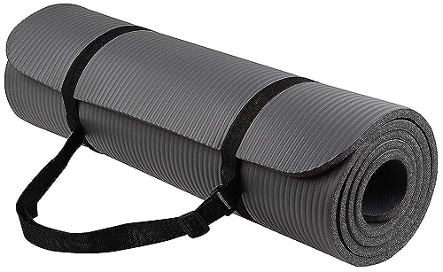 Signature Fitness All Purpose 1/2-Inch Extra Thick High Density Anti-Tear Exercise Yoga Mat with Carrying Strap, Gray