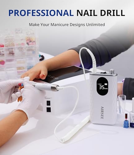 AIRSEE Updated Professional Nail Drill,Rechargeable Cordless Efile Machine for Acrylic Extension Gel Dip Powder Powerful Portable Efile 56 Sanding Bands 7 Bits,Low Noise Low Heat,G7 White