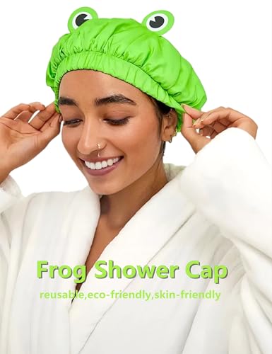 LamaMe Shower Cap, Waterproof Reusable Double Layers Bath Cap Elastic Band Hair Cap Green Frog Shower Cap for Women Ladies Spa Salon, Small