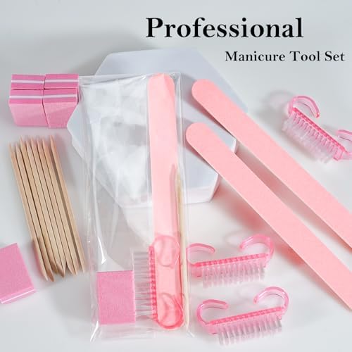 Disposable Manicure kit Press On Nail Tool Kit for Salon Home, Mini Nail Buffer, Nail File, Wood Stick, Nail Brush (Pink, 50 Set)