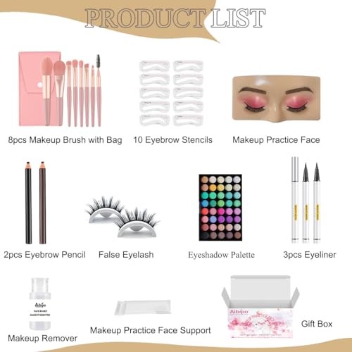 Makeup Practice Face Board, Reusable Silicone Makeup Mannequin Face with Makeup Practice Kit for Makeup Students and Beginners, Come with Makeup Brushes Set Eyeshadow Eyeliner Eyebrow Stencils