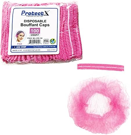ProtectX 100-Pack Pink Disposable Hair Nets, Elastic Head Cover, Bouffant Caps, Sanitation Head Cover for Food Service, Spa Men & Women - 21 inch