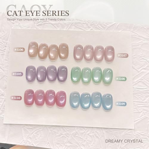 GAOY 16ml 6 Colors Cat Eye Gel Nail Polish Set with 3-in-1 Magnet, Sheer Pink Blue Green Holographic Gel Polish, UV Light Cure Manicure for Salon and Nail Art DIY at Home, Dreamy Crystal