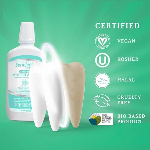 SprinJene Fluoride Free Mouthwash Alcohol Free for Fresh Breath Gum Health Dry Mouth Whitening Teeth w/Black Seed Oil, Zinc, Xylitol โAll Natural Vegan Gluten Free Kosher Halal SLS Free& Non Toxic-2PK