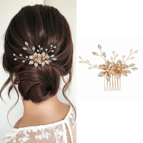 MirthCity Handmade Bride Wedding Hair Comb Flower Girls Bridal Hair Accessories Crystal Leaf Bead Bridal Hair Comb for Women and Girls