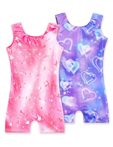 Nokecina Leotard for Girls Gymnastics Size 7-8 Years Old Sparkly Unitards 2 Pack Pink Black Biketards with Shorts