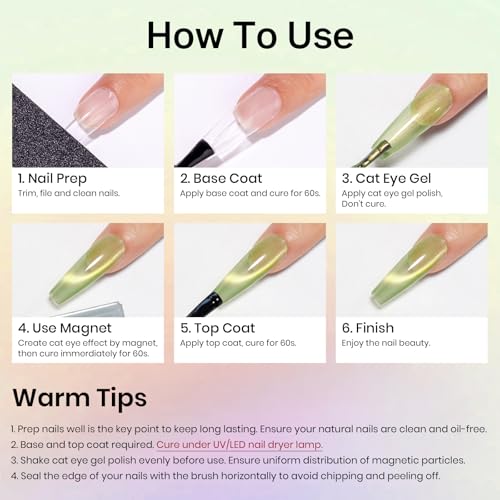 MIZHSE Cat Eye Gel Nail Polish, Fruit Colors Magnetic Gel Polish Set with Magnet, Neon Cateye Effect Green Purple Yellow Soak Off Nail Art Manicure Home Gift for Ladies