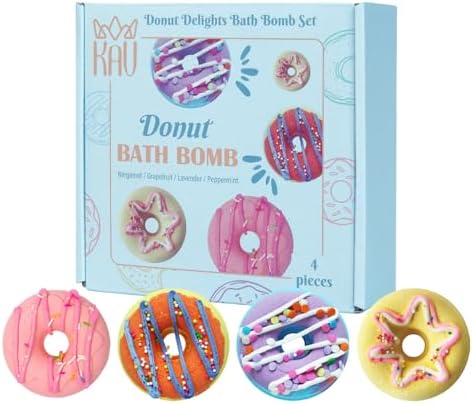 KAV Bath Bombs, 4 Donut Bath Bomb Gift Set, Natural Organic Bubble Bathbombs for Women, Gifts Stocking Stuffers Christmas Easter Self Care Gift Set for Ladies Girls Kids - 4 Scents