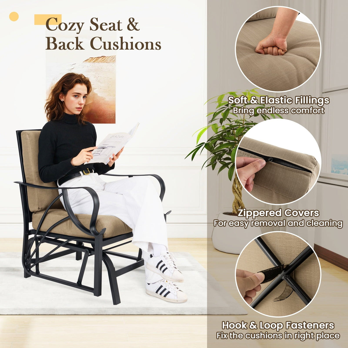Topbuy 2 Pcs Outdoor Glider Chair Smooth Rocking Single Chair w/ Thick Cushions & Heavy-Duty Metal Frame Tan