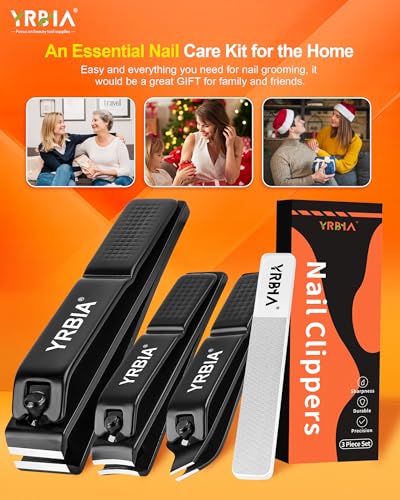 Nail Clippers with Glass Nail File, YRBIA Ultra Sharp Nail Clipper Set, Professional Stainless Steel Fingernail & Toenail Clippers Nail Cutter Set for Men & Women Black