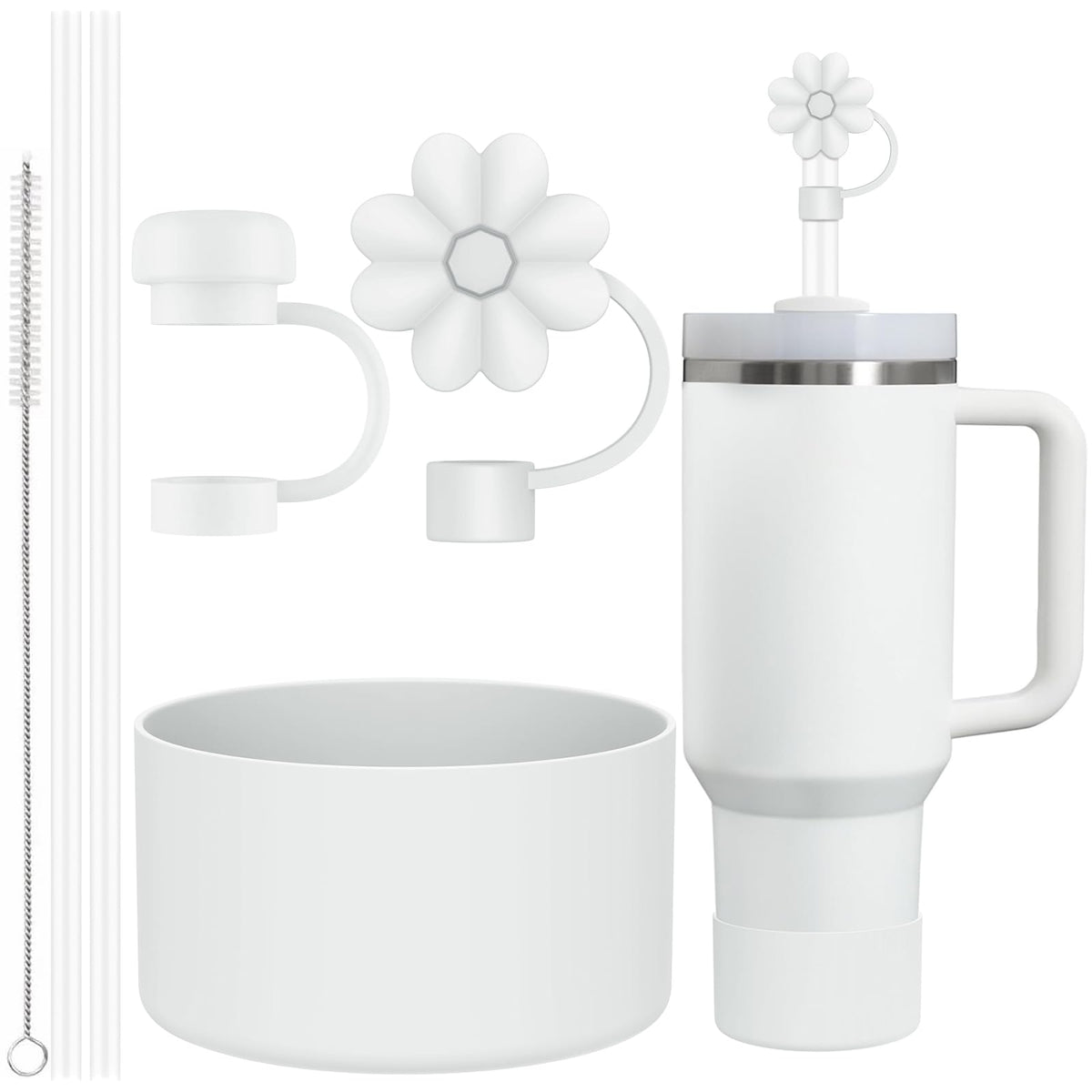 6 Pcs Accessories for Stanley Cup 20-40oz,2 Straw Covers,2 Replacement Straws,1 Straw Brush,1 Boot Included, SIlicone Straw Cover Caps Topper (White)