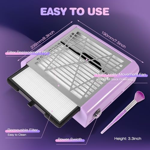 Nail Dust Collector Machine Professional: 60W Powerful Dust Collector Nail Tech Vacuum Fan Extractor with Reusable Filter and Brush for Acrylic Gel Nail Polish Manicure Pedicure Tool (Purple)