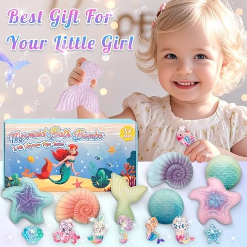 Mermaid Bath Bombs for Kids with Surprise Toys Inside, 8 Pcs Organic Natural Bubble Bath Bombs for Girls,Christmas Birthday Gift for 3 4 5 6 7 8 Year Old Girl,Princess Bath Bomb Kit with Mermaid Toys