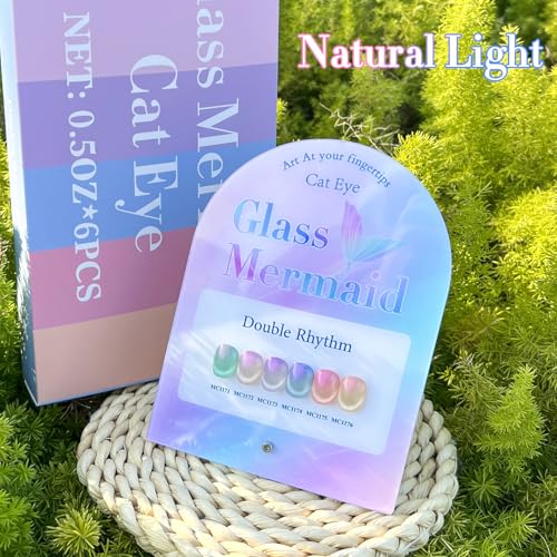 Double Rhythm Cat Eye Gel Nail Polish Set of 6 Same Color Same Bottle 0.5 Oz Shimmer Glitter with Magnet Holographic Reflective Magnetic UV Nail Polish Kit at Home (Mermaid Pink Rose-T6-31)