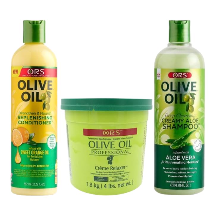 ORS Olive Oil Professional Creme Relaxer 64 Ounce Olive Oil Moisture Restore Creamy Aloe Shampoo Olive Oil Strengthen & Nourish Replenishing Conditioner - Bundle