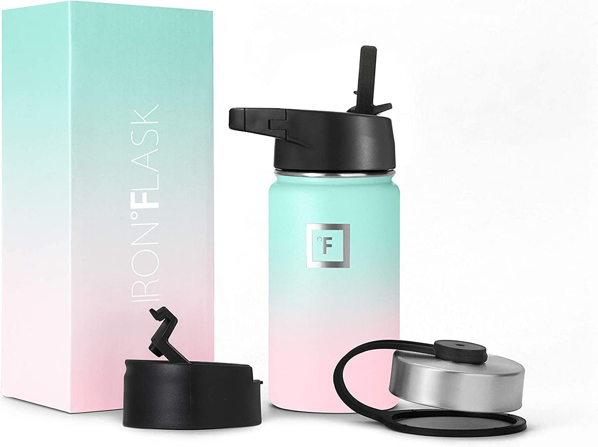 IRON °FLASK Camping & Hiking Hydration Flask, Wide Mouth, 3 Straw Lids, Stainless Steel Outdoor Water Bottle, Double Walled, Insulated Thermos, Metal Canteen - Bubble Gum, 14 Oz