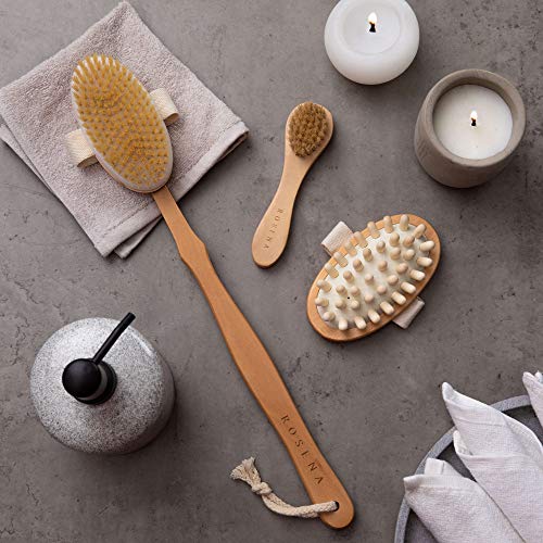 Dry Brushing Body Brush Set – Natural Bristle Spa Exfoliator Kit with Face Cleansing Brush, Long Dry Brushing Body Brush for Lymphatic Drainage & Massaging Cellulite Brush for Smooth, Radiant Skin