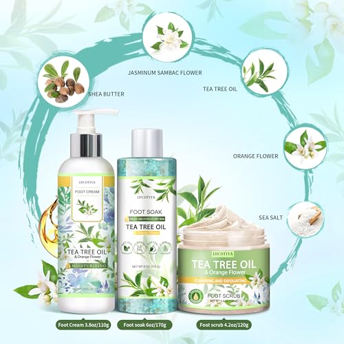 LUCOTIYA Tea Tree & Orange Flower Foot Soak Set - Salts, Foot File, Scrub & Urea Cream Pedicure Supplies for Dry, Cracked Feet - Foot Spa Pedicure Kit for Women Men
