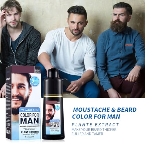 Men's Mustache & Beard Dye for Gray Hair Coverage - Natural Black Color in 5 Minutes, Easy Application Shampoo for Facial Hair 200ml