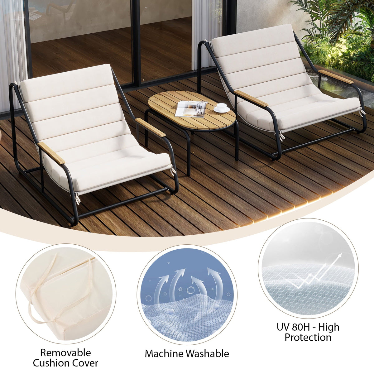 Euroco Outdoor Chaise Lounge Chairs Set with Acacia Wood Table,Pool Lounge Chairs for Lawn,Beige+White