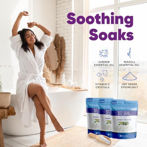 Sitz Bath Salt (3 Pack with Bamboo Scoop) Hemorrhoid Soothing Sitz Soak USP Grade Epsom Salt 3 Pouches 6 Lbs Total with Pure Essential Oils in BPA Free Pouch with Easy Press Seal Made in USA